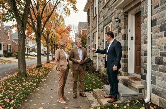 Couple en visite d'une maison avec un agent immobilier dans une rue résidentielle en automne