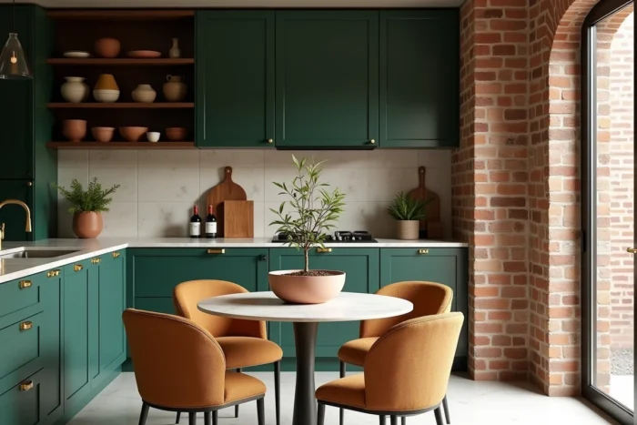 Cuisine tendance 2024 avec armoires vert forêt, quincaillerie en laiton brossé, table en travertin et poteries artisanales