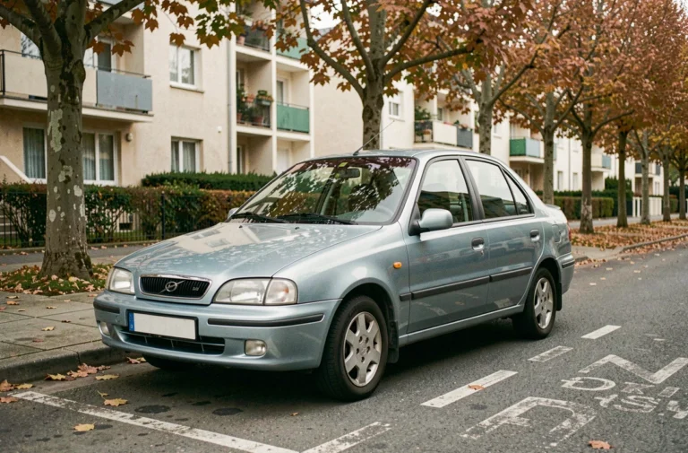 Daewoo Lanos années 90 garée dans une rue résidentielle française en automne