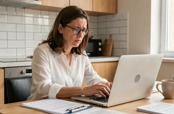 Femme remplissant une déclaration de vol en ligne depuis son domicile sur un ordinateur portable
