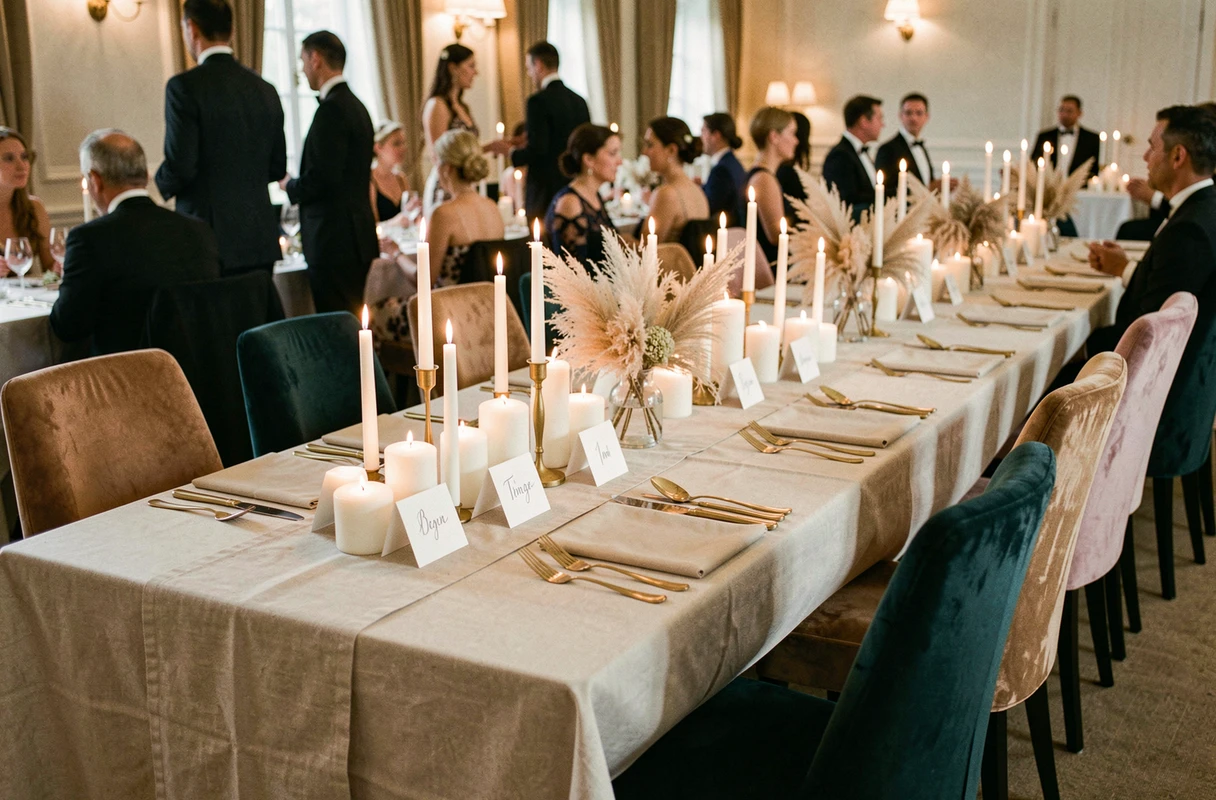 Décoration de salle de réception de mariage avec de longues tables en bois ornées de bougies, herbes de la pampa et marque-places manuscrits pour un style bohème chic