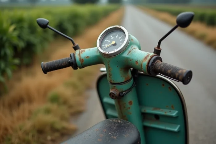 Gros plan sur le tableau de bord et le moteur d'un scooter 50cc usagé avec kilométrage élevé