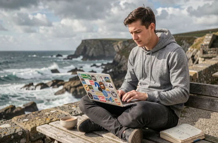 Développeur web travaillant sur son ordinateur portable en terrasse face à la côte bretonne