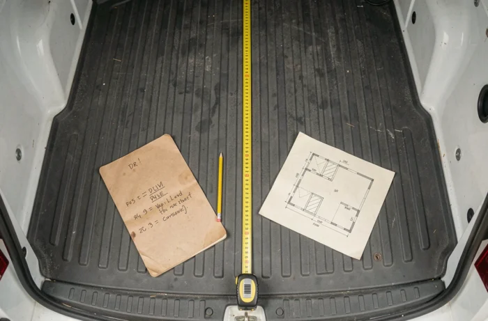 Vue aérienne de l'espace de chargement du Renault Trafic avec mètre ruban et notes de dimensions manuscrites