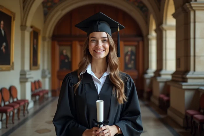 Jeune diplômée en robe académique tenant son diplôme de master dans un hall universitaire historique