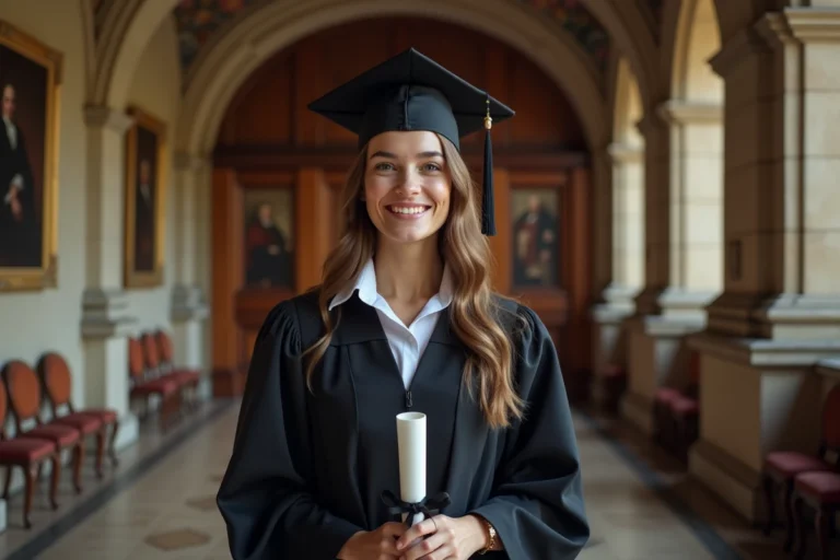 Jeune diplômée en robe académique tenant son diplôme de master dans un hall universitaire historique