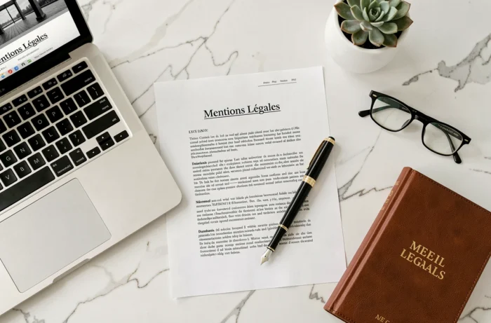 Vue aérienne d'un document de mentions légales imprimé posé sur un bureau à côté d'un site web professionnel ouvert sur ordinateur