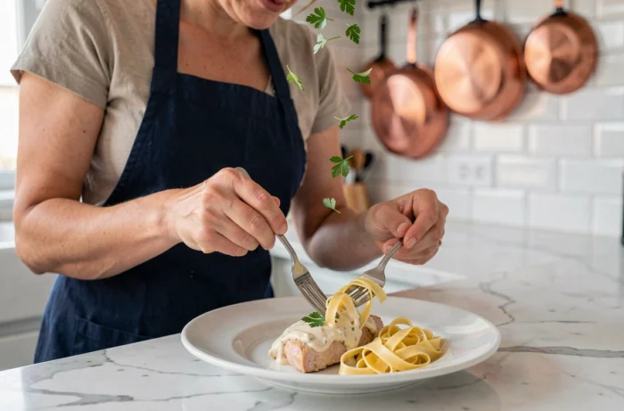 Femme en tablier dressant une assiette de poulet à la crème avec des tagliatelles beurrées dans une cuisine parisienne moderne