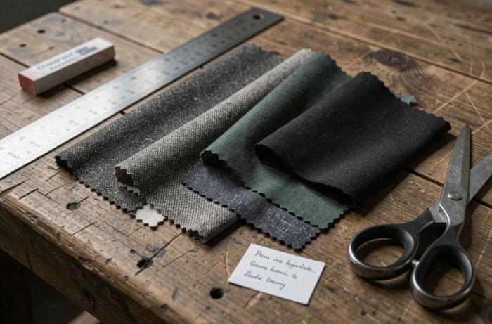 Échantillons de tissus noirs en laine, crêpe et serge disposés sur une table de tailleur pour choisir le tissu d'une robe d'avocat