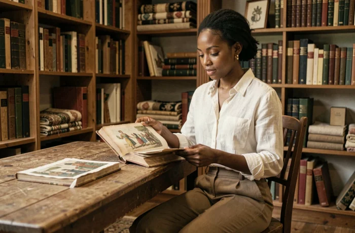 Jeune femme d'origine africaine consultant des archives historiques dans une bibliothèque patrimoniale