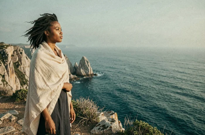 Femme africaine en contemplation sur un littoral rocheux, symbolisant les origines et la diaspora