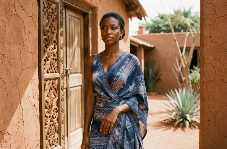 Portrait éditorial d'Elyorissa Makanga en robe traditionnelle africaine devant une maison ancestrale aux portes sculptées