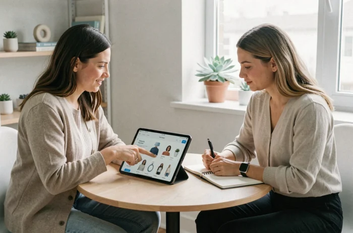 Deux entrepreneures collaborant sur une stratégie de vente en ligne autour d'une tablette dans un bureau à domicile
