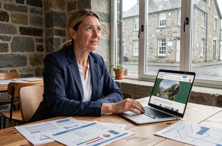 Entrepreneuse bretonne analysant des données web dans un espace de co-working aux murs en pierre