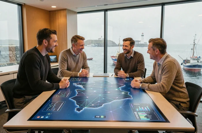 Équipe de professionnels du web en Bretagne collaborant autour d'une carte numérique interactive