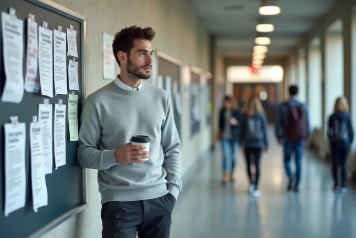 Étudiant masculin consultant des annonces de bourses et aides financières pour Kedge Business School dans un couloir universitaire