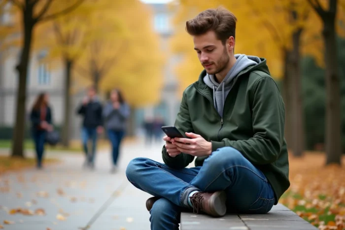 Étudiant vérifiant sa messagerie académique Dijon sur smartphone assis sur un banc du campus en automne