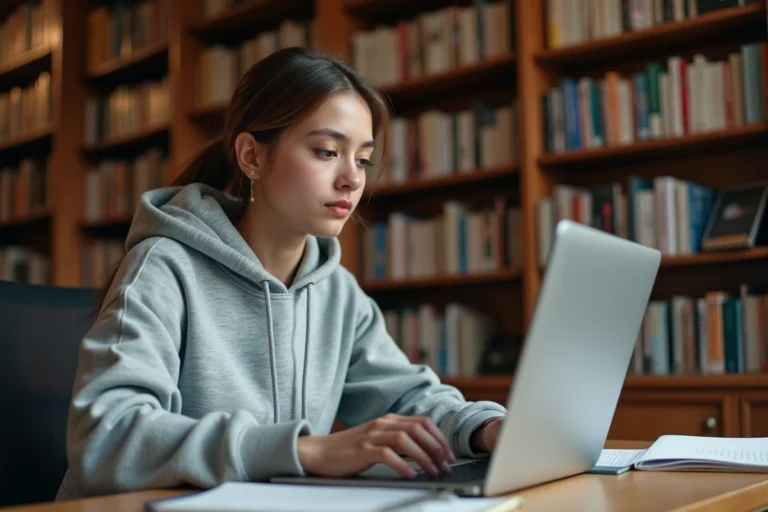 Étudiante accédant à sa messagerie académique Dijon sur un ordinateur portable dans une bibliothèque universitaire