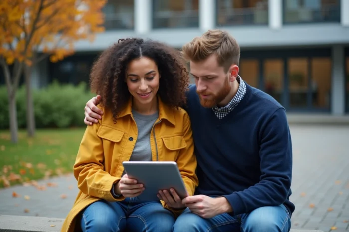Deux étudiants consultant ensemble le guide de candidature eCandidat sur une tablette dans le campus d'Évry