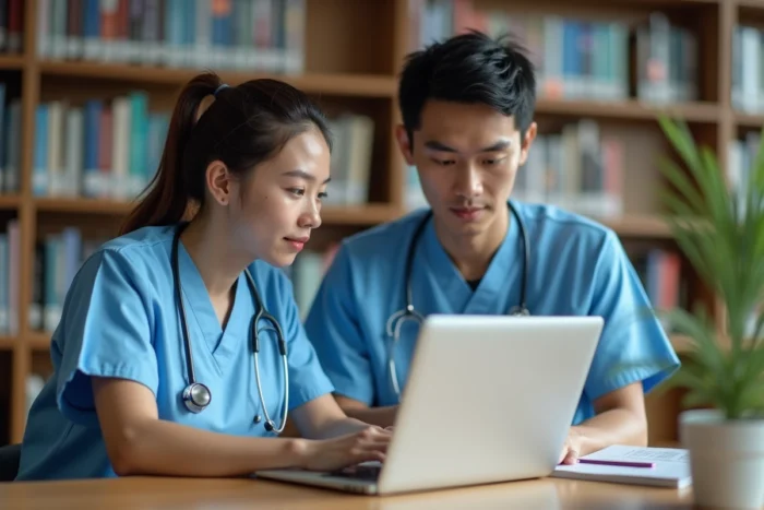 Deux étudiants en pharmacie découvrant les actualités et nouveautés du site Pharmavia dans une bibliothèque universitaire