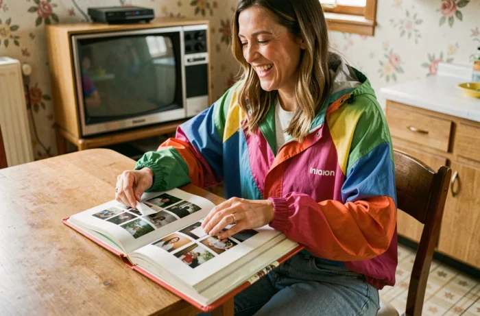 Femme des années 90 feuilletant un album photo vintage avec nostalgie dans une cuisine rétro