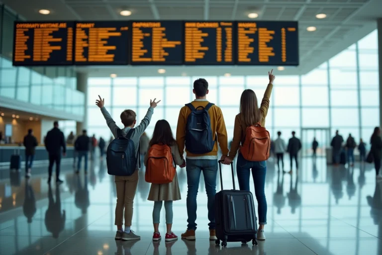 Famille avec bagages dans un aéroport international consultant le tableau des départs avant un voyage autour du monde