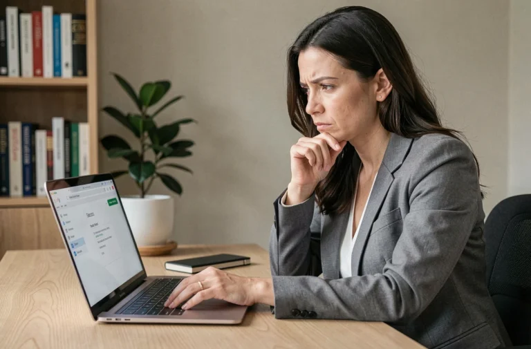 Femme analysant un service en ligne avec un regard critique devant un ordinateur portable dans un bureau à domicile