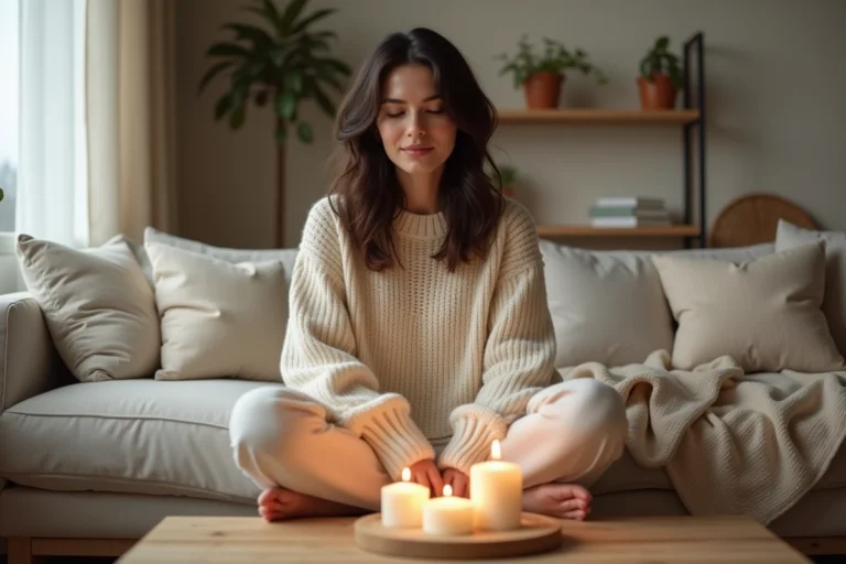Femme détendue assise sur un canapé en lin avec trois bougies allumées sur une table basse en bois pour améliorer le bien-être quotidien