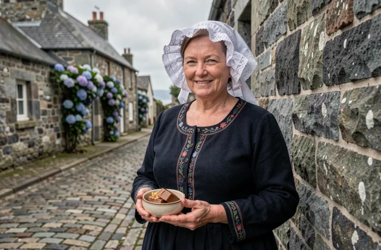 Femme bretonne en costume traditionnel avec coiffe en dentelle tenant un bol de caramel au beurre salé dans un village côtier de Bretagne