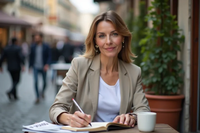 Femme d'affaires indépendante prenant des notes dans un café en terrasse pour planifier sa reconversion professionnelle