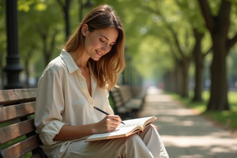 Femme épanouie lisant des citations sur la joie de vivre dans un carnet ouvert, assise sur un banc de parc en bois entouré d'arbres verdoyants
