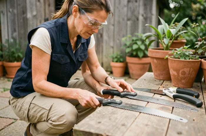 Femme comparant plusieurs modèles d'élagueuses sur un établi de jardin extérieur