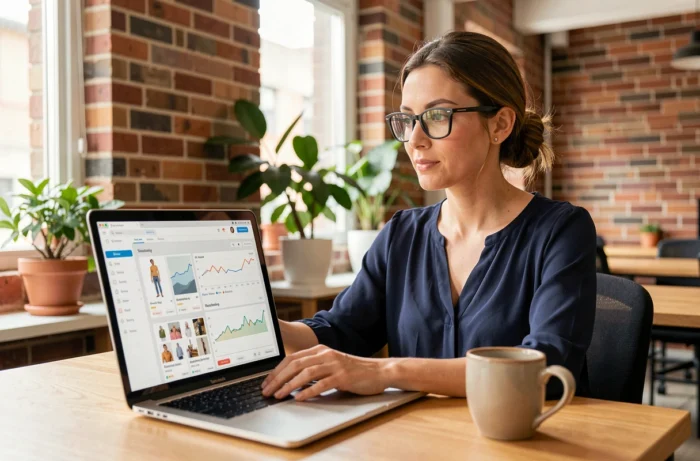 Femme entrepreneur gérant sa boutique en ligne sur un ordinateur portable dans un espace de coworking moderne
