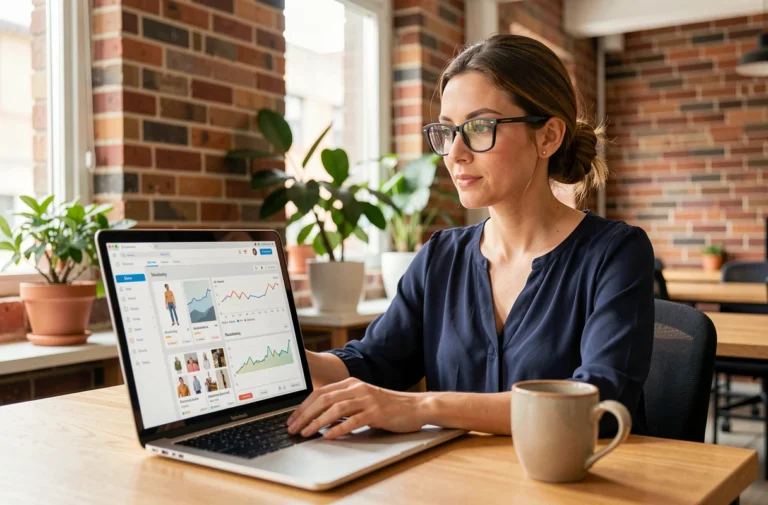 Femme entrepreneur gérant sa boutique en ligne sur un ordinateur portable dans un espace de coworking moderne