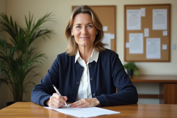 Femme remplissant un formulaire de demande d'aide financière à la mairie