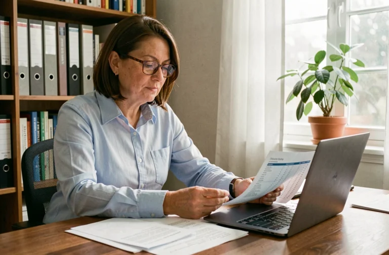 Femme active consultant des documents financiers et un ordinateur portable pour gérer le cumul ARE et salaire à domicile