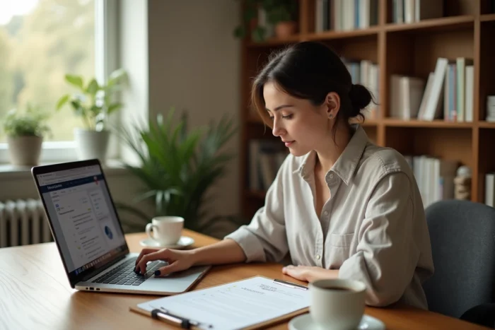 Femme indépendante réfléchissant à son choix de métier en freelance dans un bureau à domicile