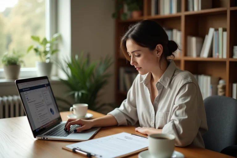 Femme indépendante réfléchissant à son choix de métier en freelance dans un bureau à domicile