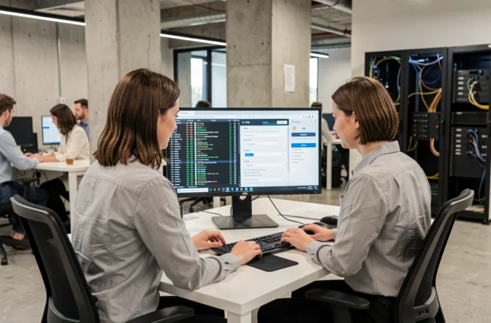 Femme informaticienne analysant les logs réseau et les paramètres VPN sur un écran double dans un bureau professionnel