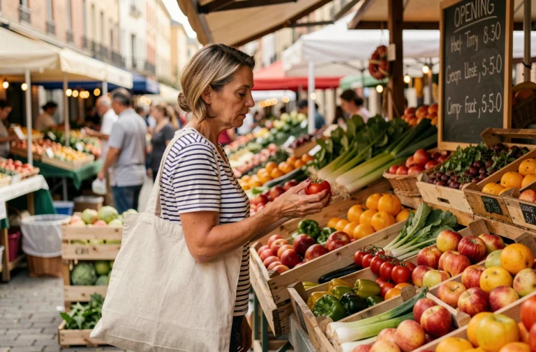 Femme choisissant des légumes frais chez un primeur au marché extérieur ouvert