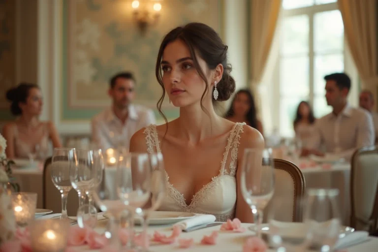 Femme en robe de mariée assise seule à une table de réception décorée dans un château français, regard mélancolique et pensif