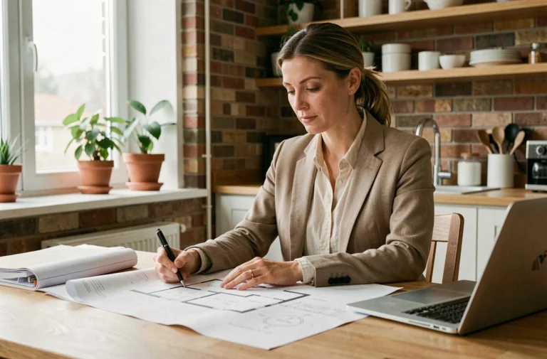 Femme consultant des plans architecturaux pour son projet immobilier à la maison
