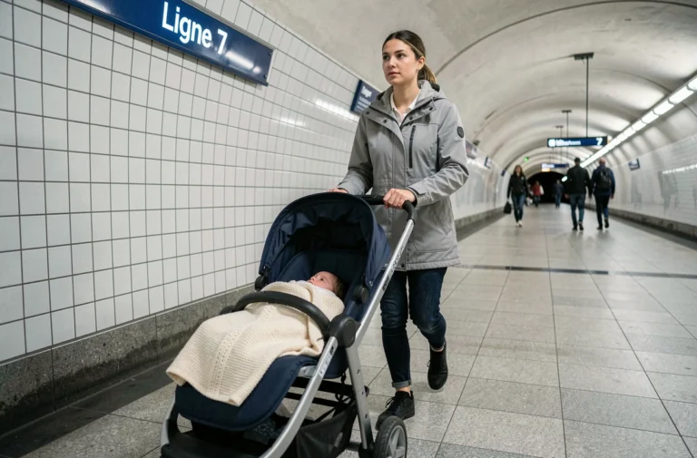Femme poussant une poussette dans un couloir accessible de la station de métro Ligne 7 à Paris