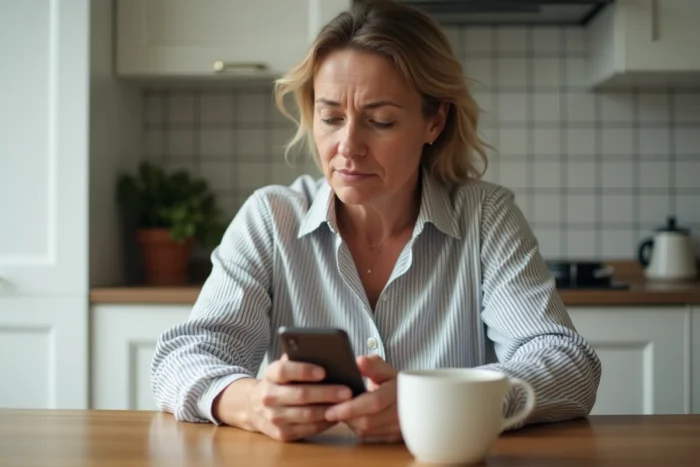 Femme perplexe face à un problème de connexion à son adresse mail SFR sur smartphone dans sa cuisine