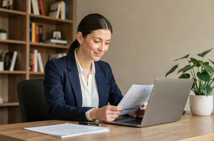 Femme professionnelle révisant son CV en ligne sur un ordinateur portable dans un bureau moderne à domicile