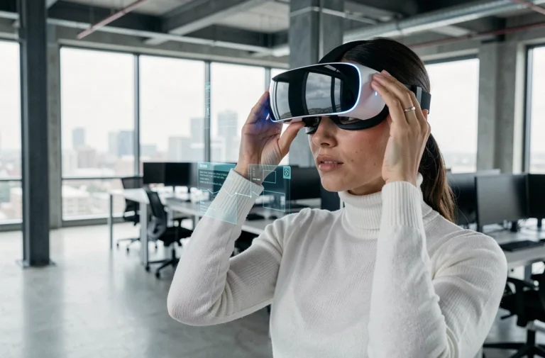 Femme portant un casque de réalité augmentée dans un bureau tech moderne en 2024
