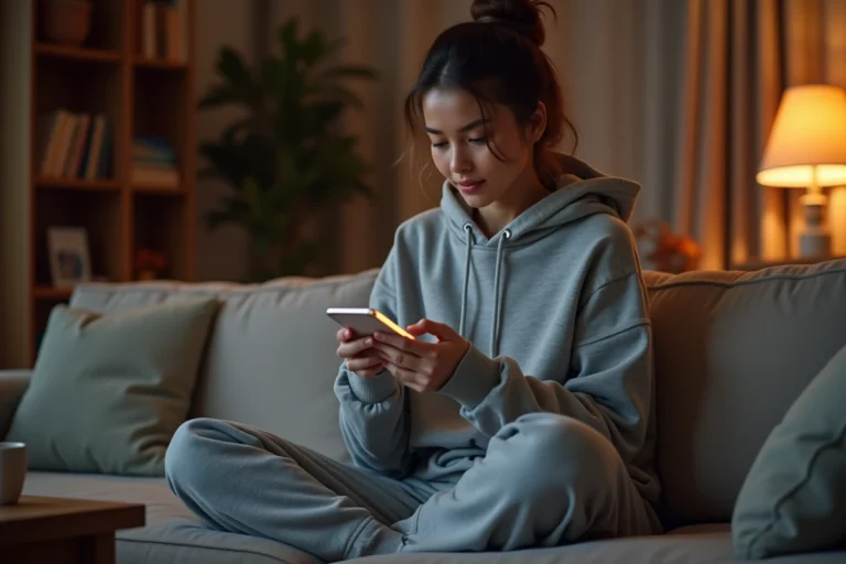 Jeune femme regardant un film sur son smartphone depuis son canapé à la maison