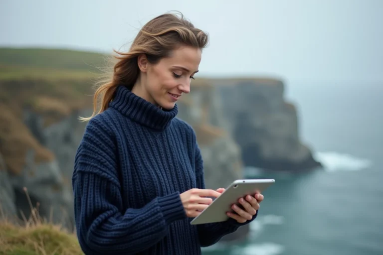 Femme consultant une tablette numérique sur le littoral breton avec vue sur les falaises granitiques