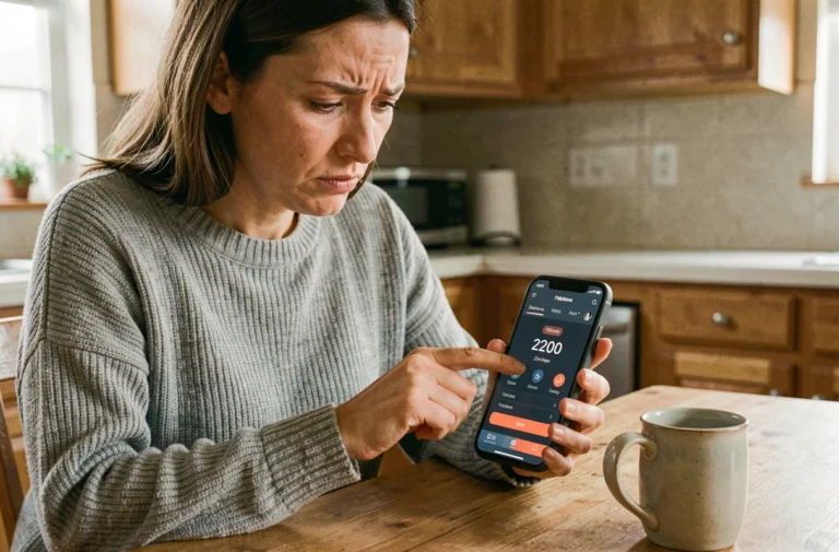 Femme consultant son téléphone affichant zéro pas sur une application de podomètre à la cuisine