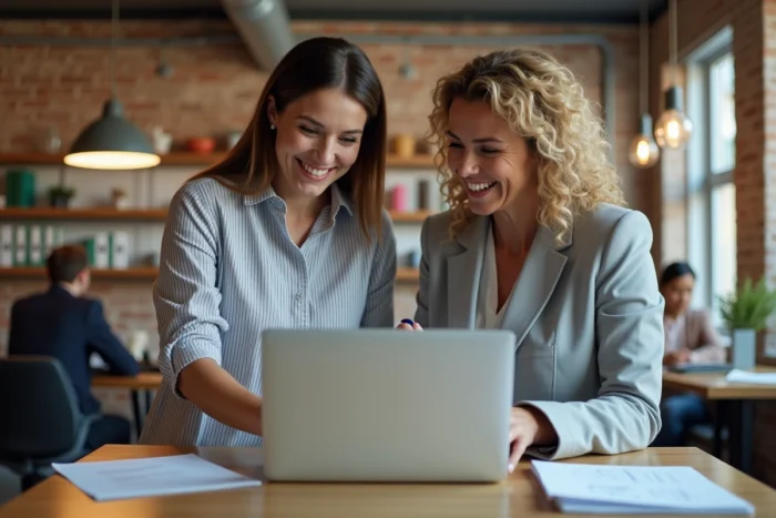 Deux collègues féminines collaborant devant un ordinateur portable dans un espace de coworking moderne